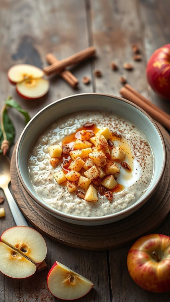 A bowl of vegan overnight oats topped with diced apples and a drizzle of maple syrup.
