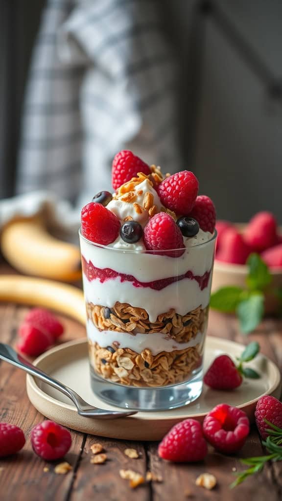 Vegan parfait made with almond milk yogurt, vegan granola, and fresh raspberries.