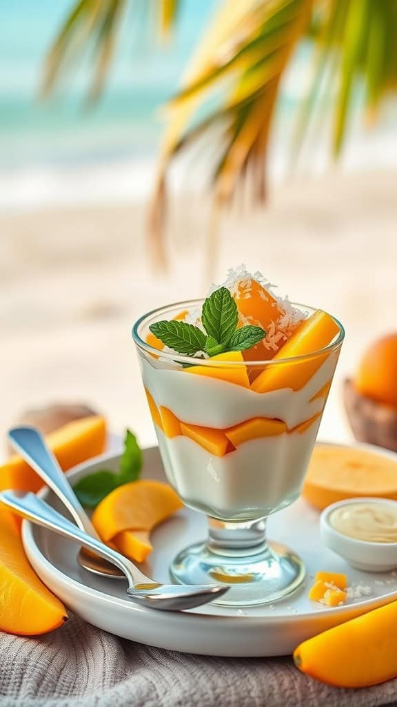 Vegan Tropical Mango and Coconut Parfait with ripe mango slices and coconut cream.