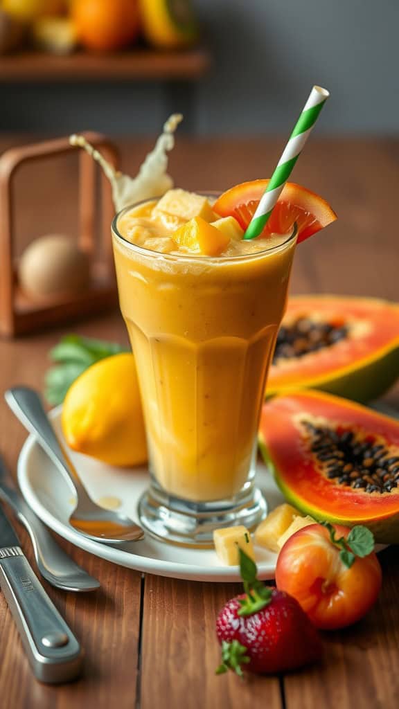 A refreshing orange, pineapple, kiwi, and papaya smoothie served in a tall glass with a striped straw, surrounded by fresh fruit.