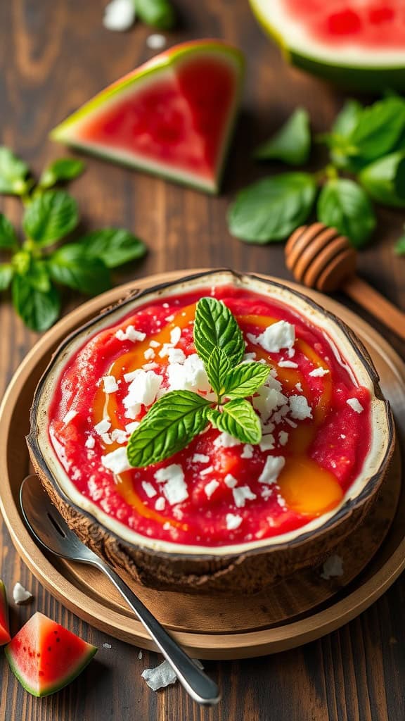 A refreshing watermelon smoothie bowl topped with mint and coconut flakes