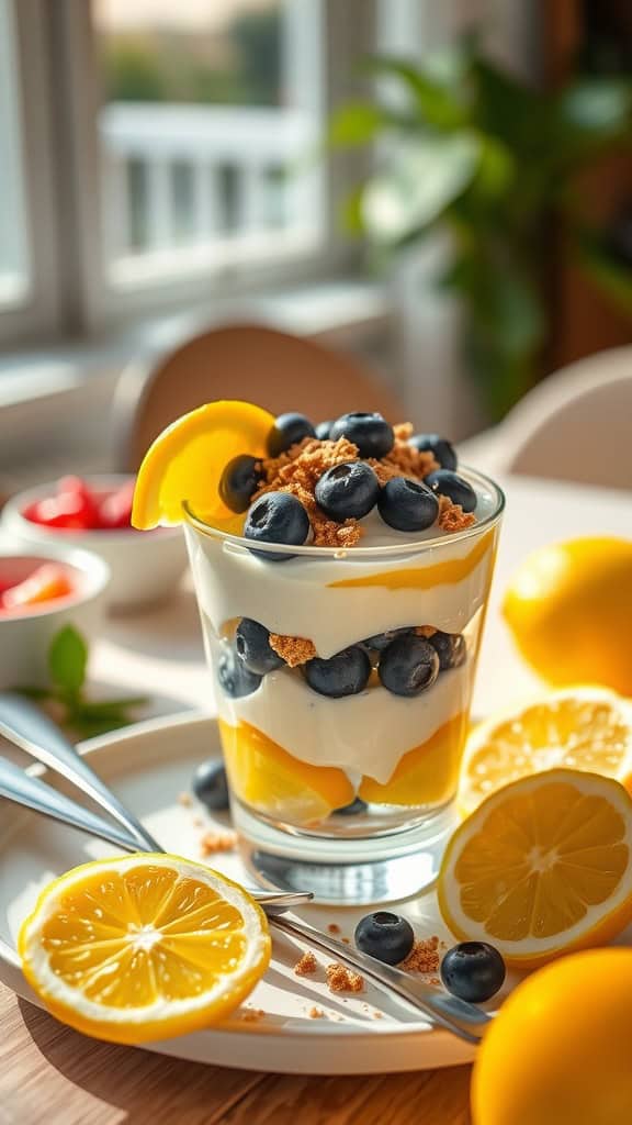 A zesty lemon parfait with layers of lemon yogurt, fresh blueberries, and crushed graham crackers, garnished with lemon slices and mint.