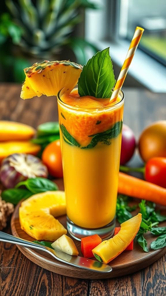 A vibrant tropical vegetable smoothie in a glass with a pineapple slice and mint, surrounded by fresh fruits and vegetables.