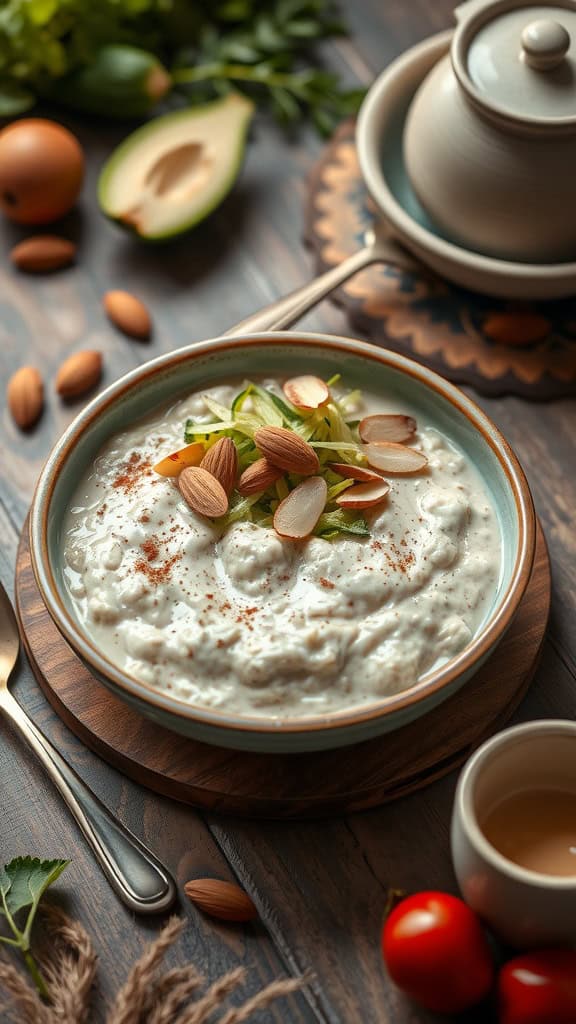 A bowl of zucchini bread overnight oats topped with nuts and spices.